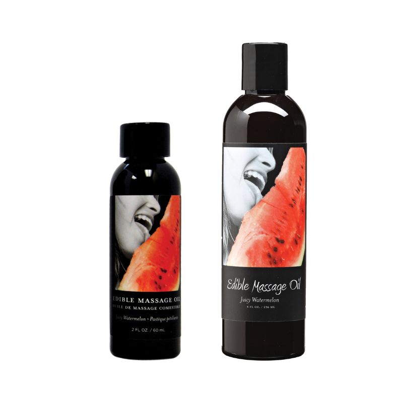 Bottle of Earthly Body Watermelon Edible Massage Oil with a vibrant watermelon design, showcasing its delicious flavor and natural ingredients.