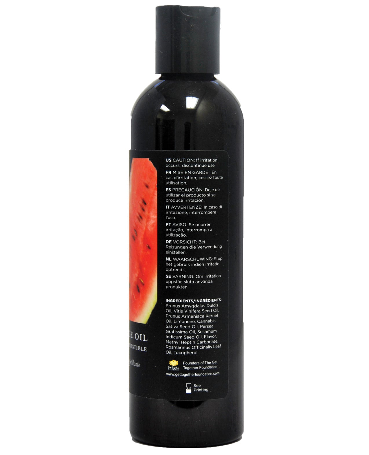 Bottle of Earthly Body Watermelon Edible Massage Oil with a vibrant watermelon design, showcasing its delicious flavor and natural ingredients.