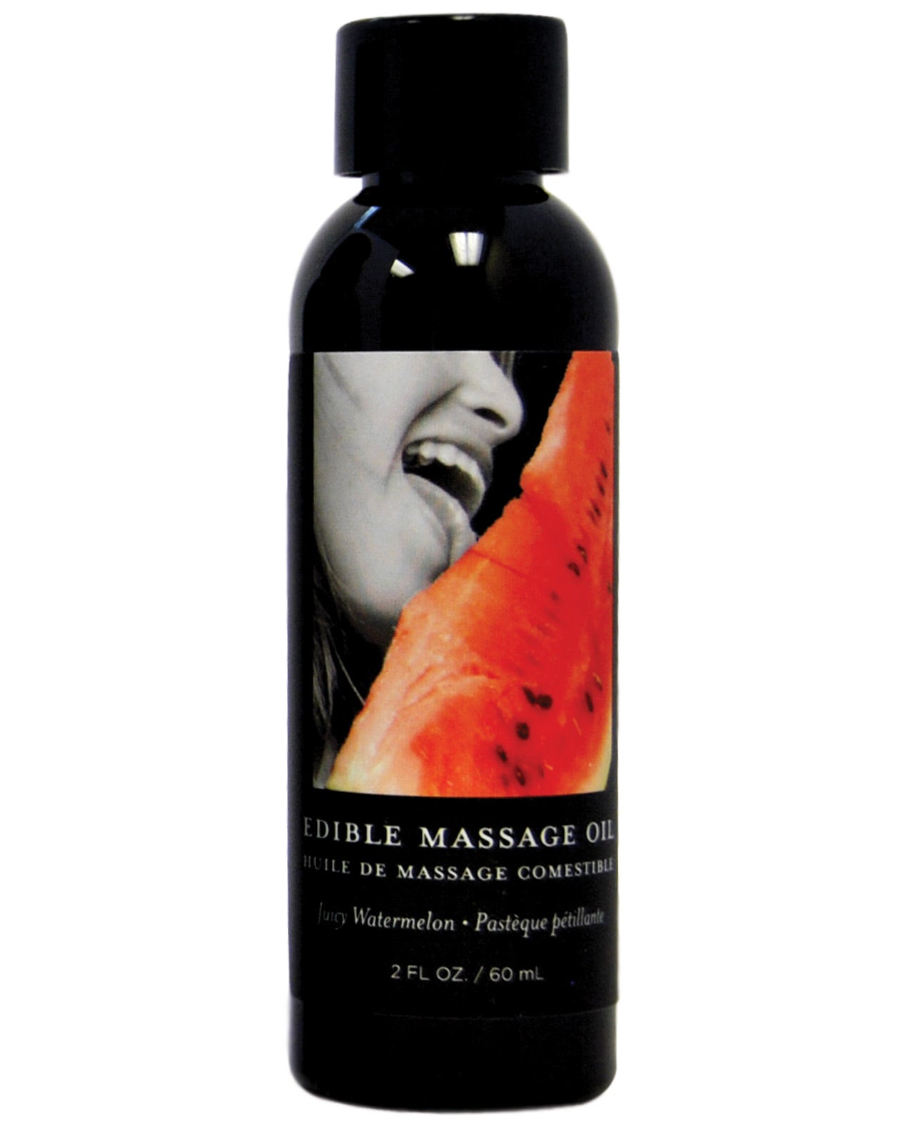 Bottle of Earthly Body Watermelon Edible Massage Oil with a vibrant watermelon design, showcasing its delicious flavor and natural ingredients.