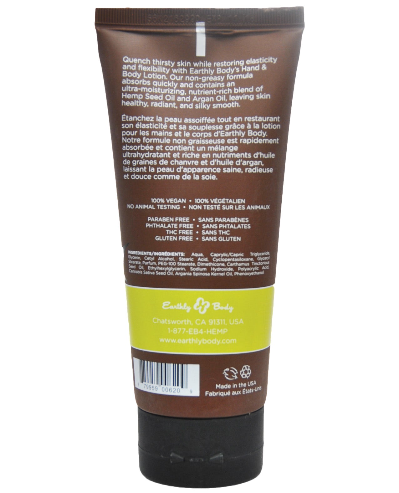 Earthly Body Hand & Body Lotion in Nag Champa scent, 7 fl oz bottle with a soothing design.