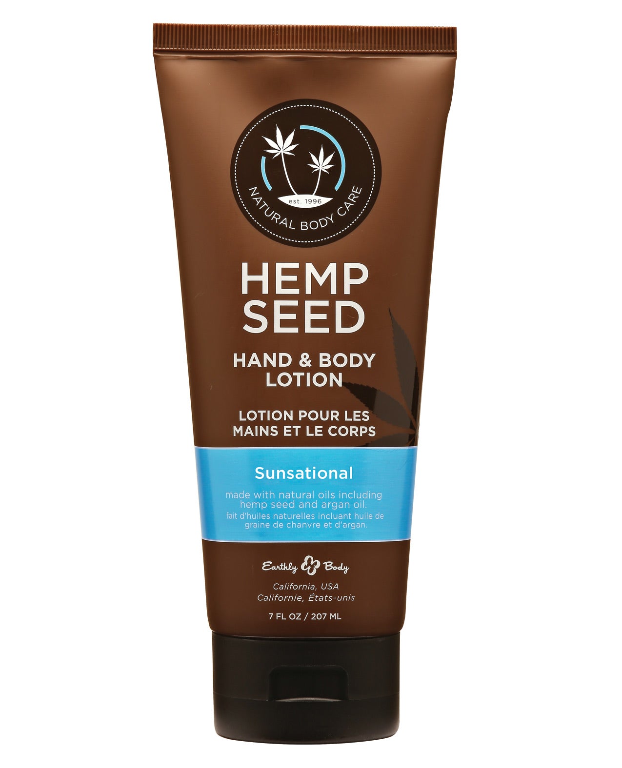 Earthly Body Hand & Body Lotion in Sunsational scent, 7 fl oz bottle with a vibrant label showcasing natural ingredients.