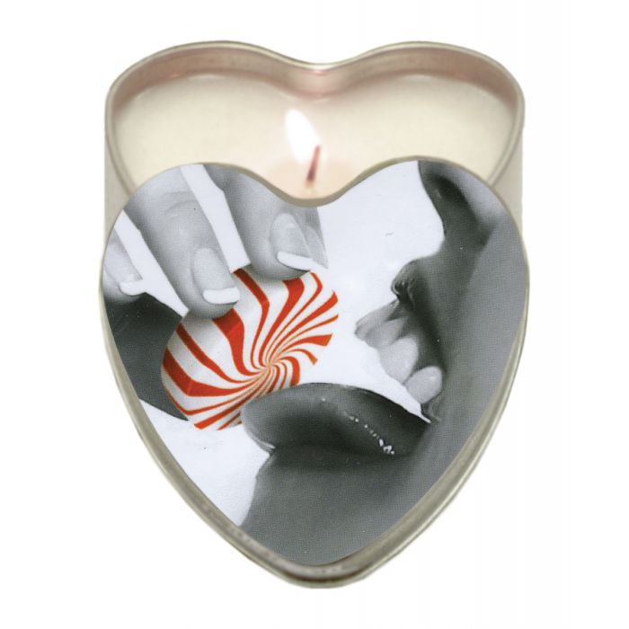 Earthly Body Hemp Edible Candle Heart Tin in Peppermint flavor, showcasing its heart-shaped tin and vibrant design.