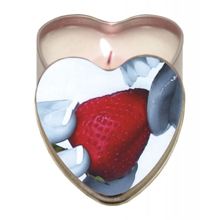 Earthly Body Hemp Edible Candle Heart Tin in Strawberry, featuring a heart-shaped tin with a vibrant strawberry design.