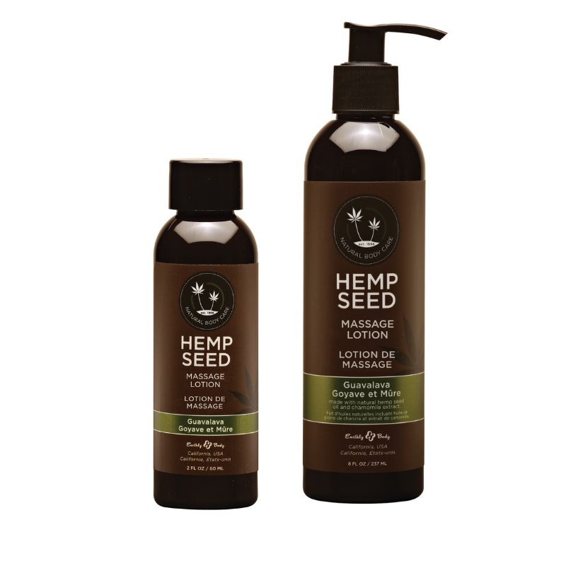 Earthly Body Hemp Seed Massage Lotion in Guavalava scent, showcasing its elegant packaging and rich texture.