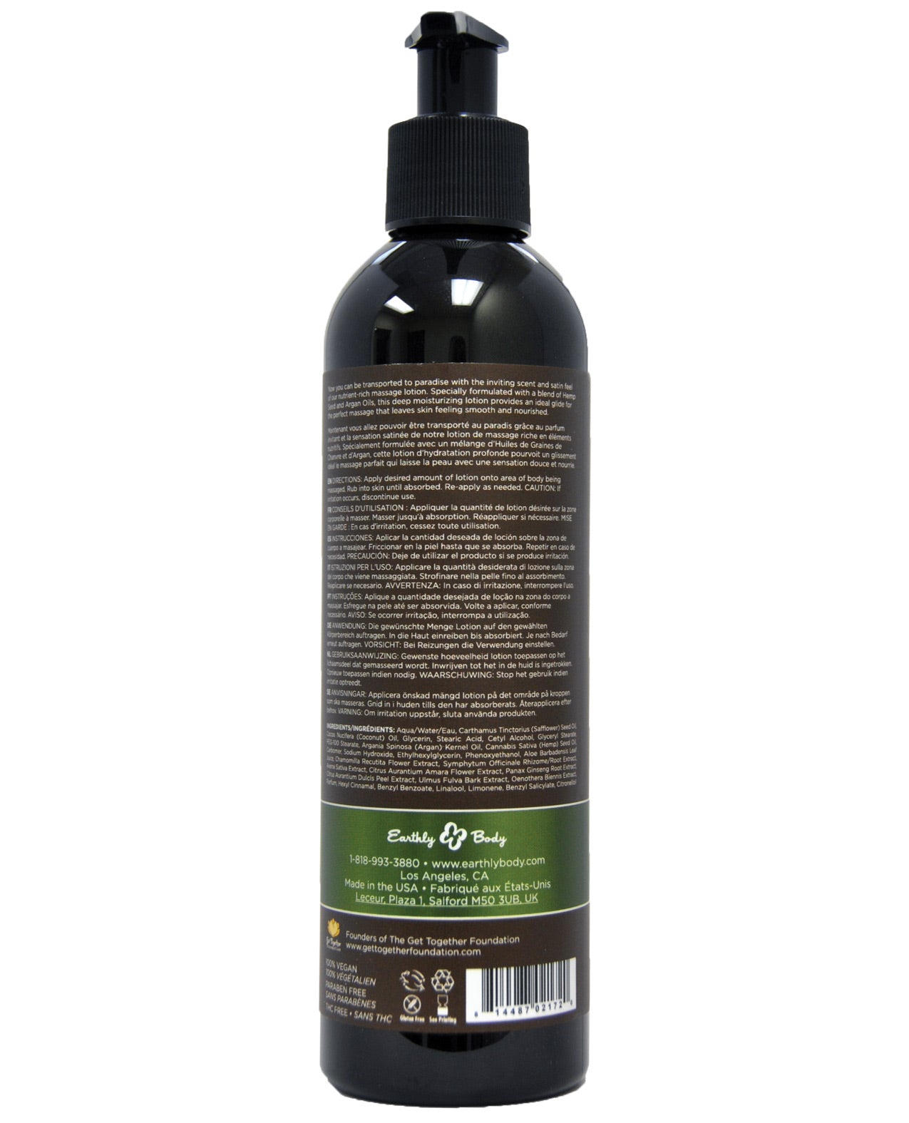 Earthly Body Hemp Seed Massage Lotion in Guavalava scent, showcasing its elegant packaging and rich texture.