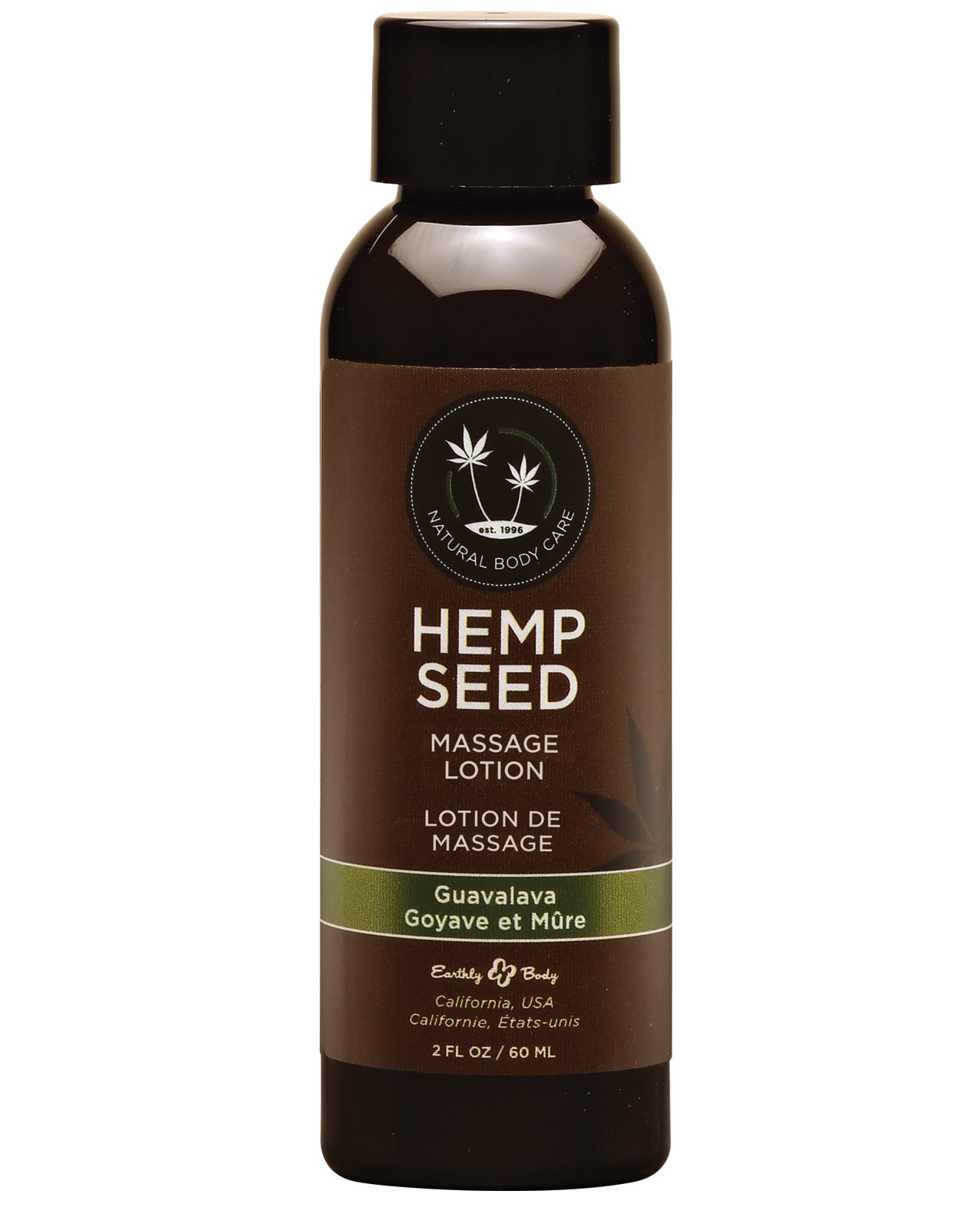 Earthly Body Hemp Seed Massage Lotion in Guavalava scent, showcasing its elegant packaging and rich texture.