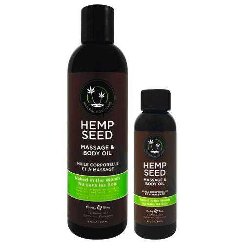 Earthly Body Hemp Seed Naked in the Woods Oil bottle with a natural background, showcasing its premium quality and essential oil blend.