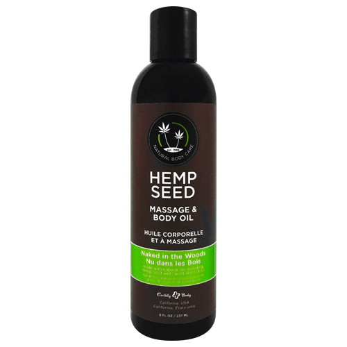 Earthly Body Hemp Seed Naked in the Woods Oil bottle with a natural background, showcasing its premium quality and essential oil blend.