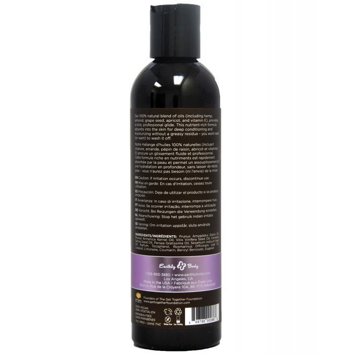 Earthly Body Lavender Massage & Body Oil bottle with a calming lavender design, showcasing its luxurious and soothing properties.