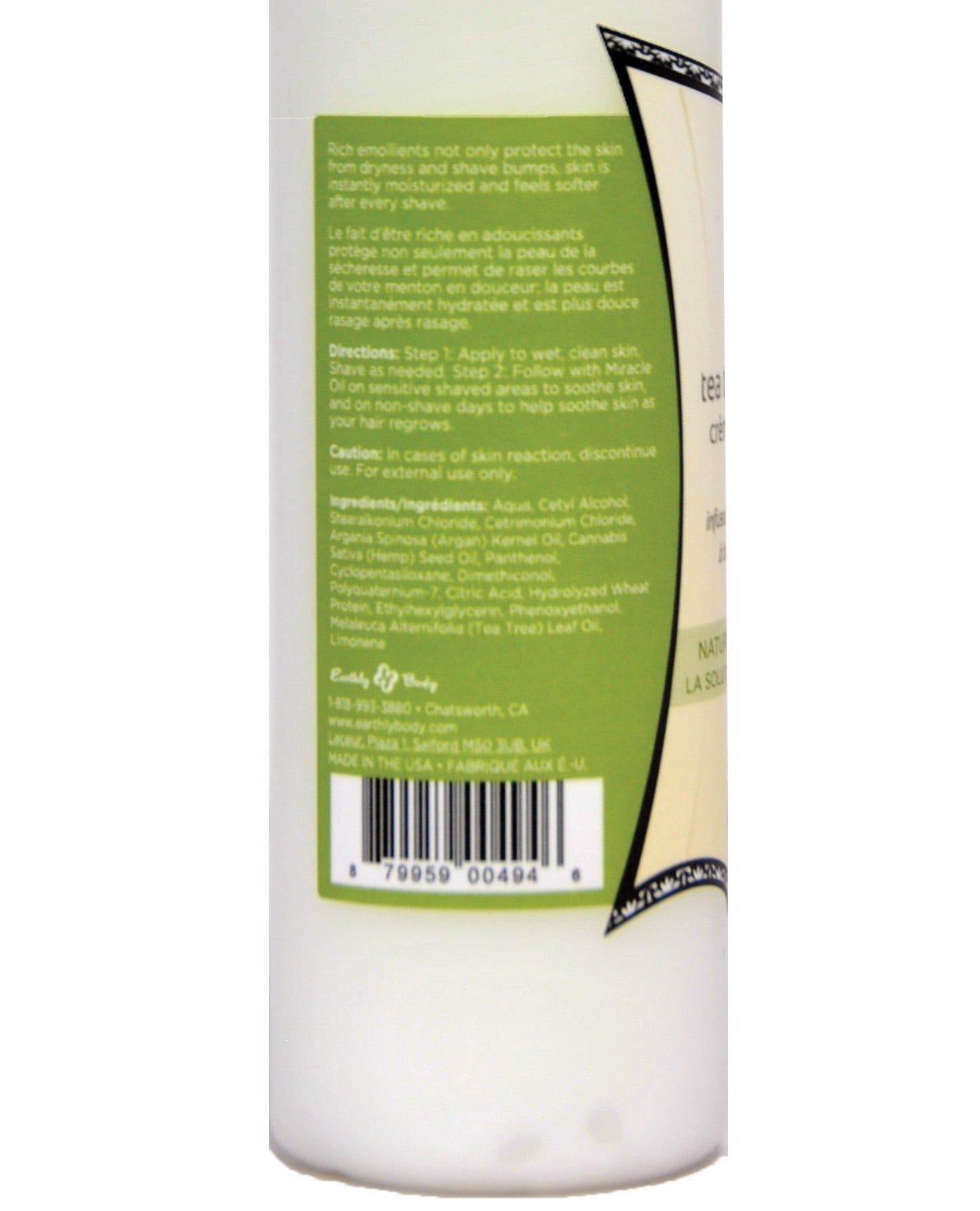 Earthly Body Miracle Oil Shave Cream 8 fl oz bottle with a sleek design, showcasing its natural ingredients and tea tree oil benefits.