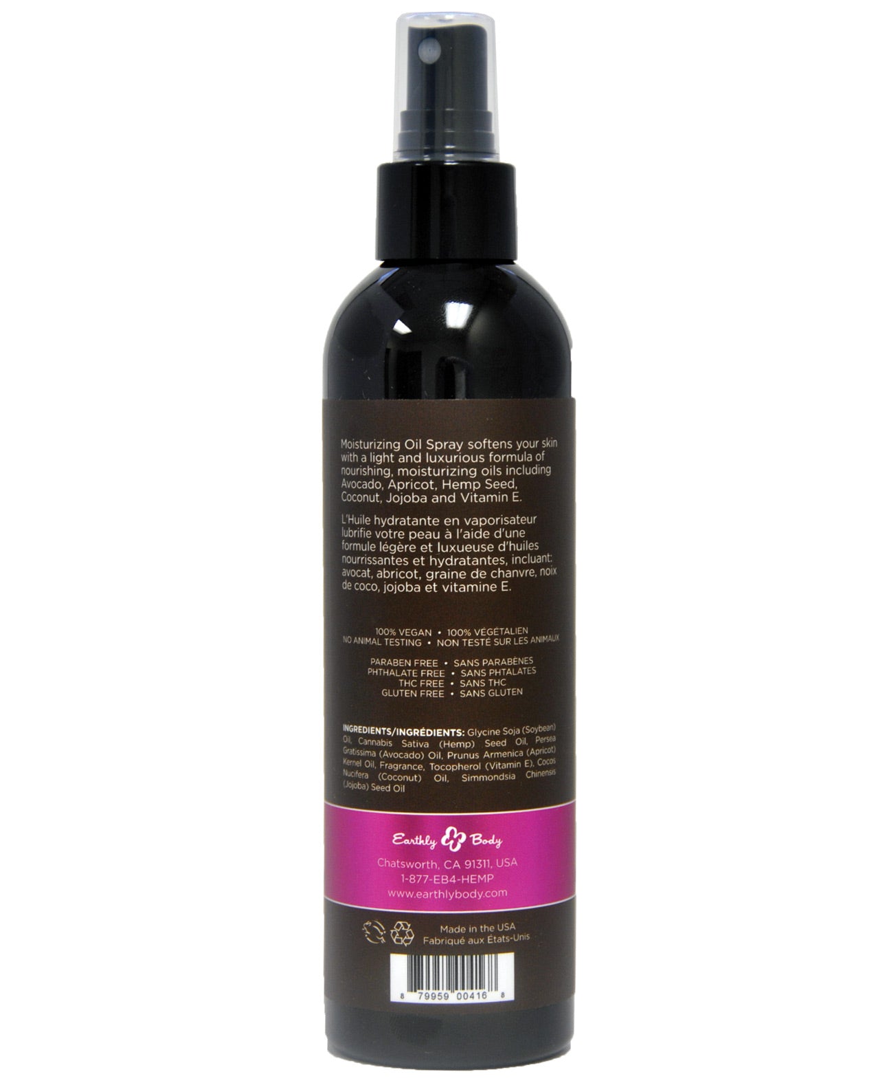 Earthly Body Moisturizing Oil Spray in Skinny Dip, 8 fl oz bottle with a sleek design, showcasing its natural ingredients and delightful fragrance.