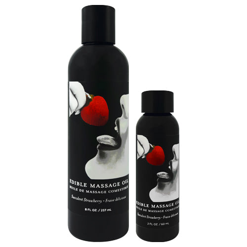 Bottle of Earthly Body Strawberry Edible Massage Oil with a vibrant label, showcasing its natural ingredients and strawberry flavor.