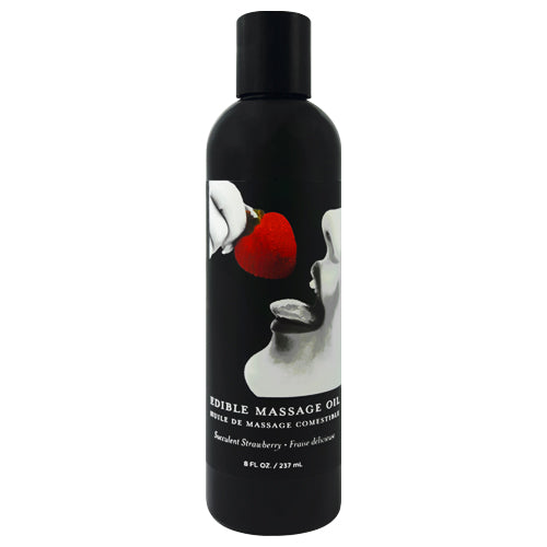 Bottle of Earthly Body Strawberry Edible Massage Oil with a vibrant label, showcasing its natural ingredients and strawberry flavor.