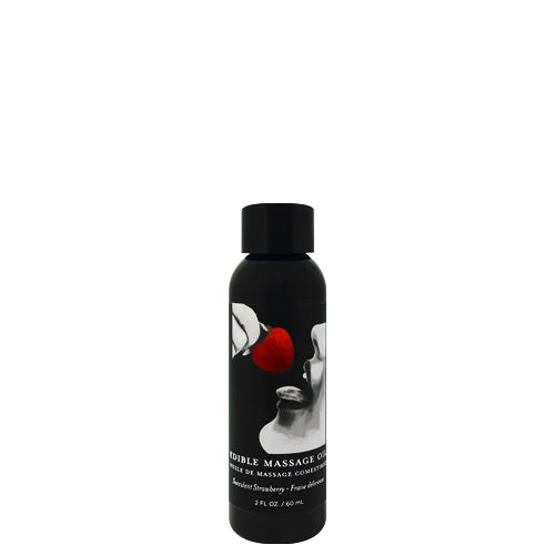 Bottle of Earthly Body Strawberry Edible Massage Oil with a vibrant label, showcasing its natural ingredients and strawberry flavor.