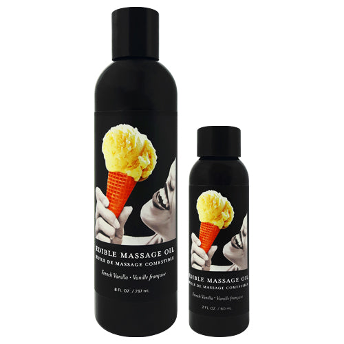 Earthly Body Vanilla Edible Massage Oil bottle with a vanilla flavor, showcasing its natural ingredients and luxurious design.