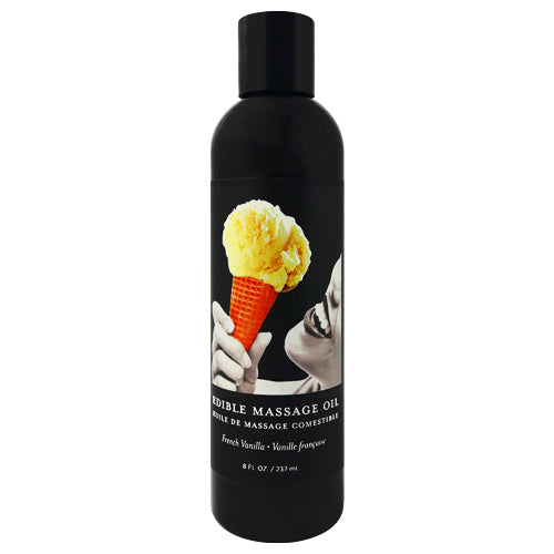 Earthly Body Vanilla Edible Massage Oil bottle with a vanilla flavor, showcasing its natural ingredients and luxurious design.