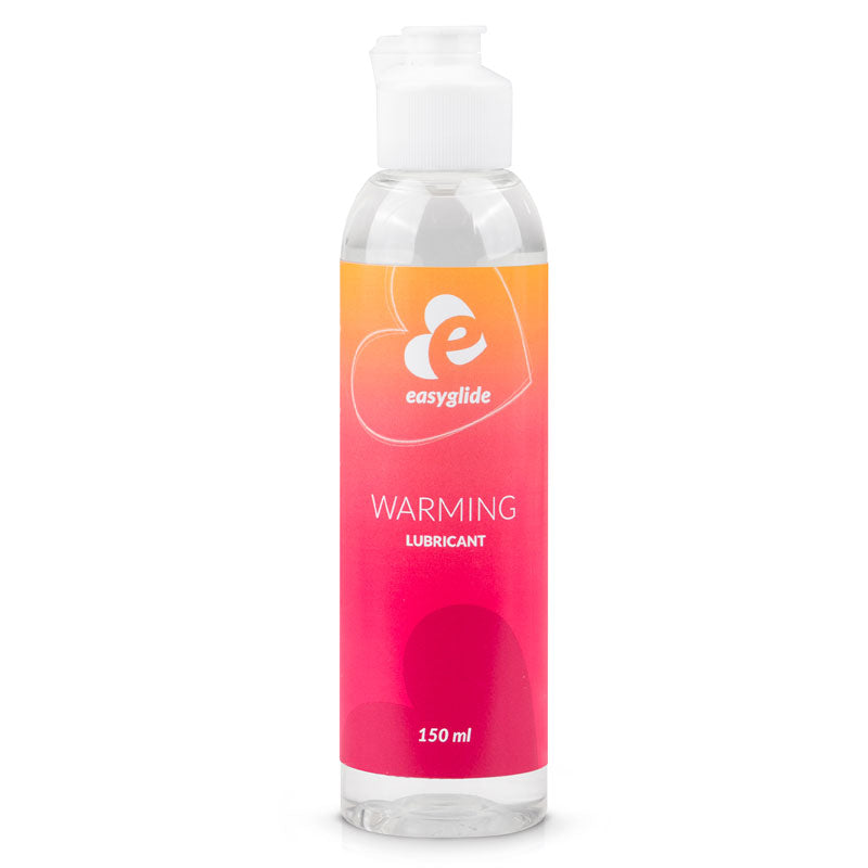 EasyGlide Warming 150ml lubricant bottle with a sleek design, showcasing its stimulating and warming properties for enhanced intimacy.