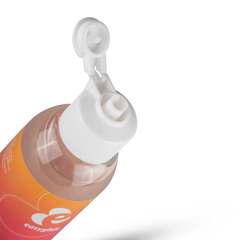 EasyGlide Warming 150ml lubricant bottle with a sleek design, showcasing its stimulating and warming properties for enhanced intimacy.