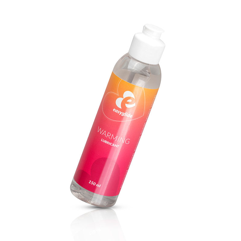 EasyGlide Warming 150ml lubricant bottle with a sleek design, showcasing its stimulating and warming properties for enhanced intimacy.