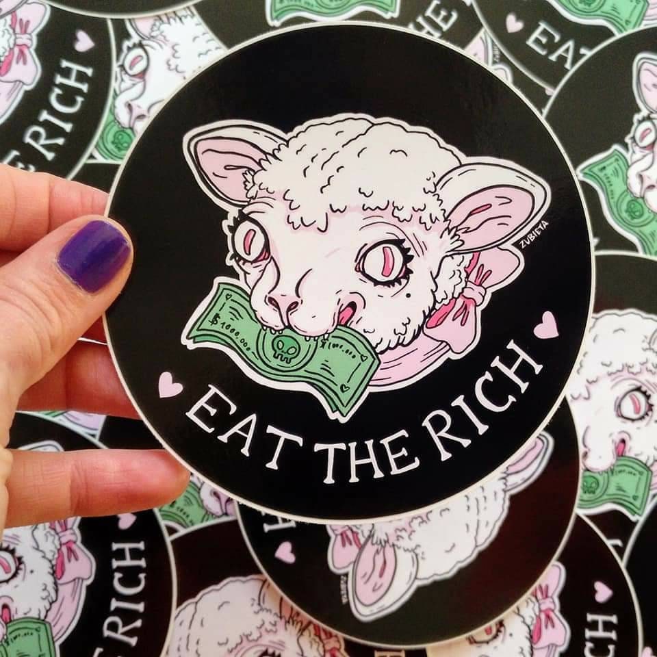 Eat the Rich Sticker featuring a round design with bold text and vibrant colors, perfect for personalizing laptops and water bottles.