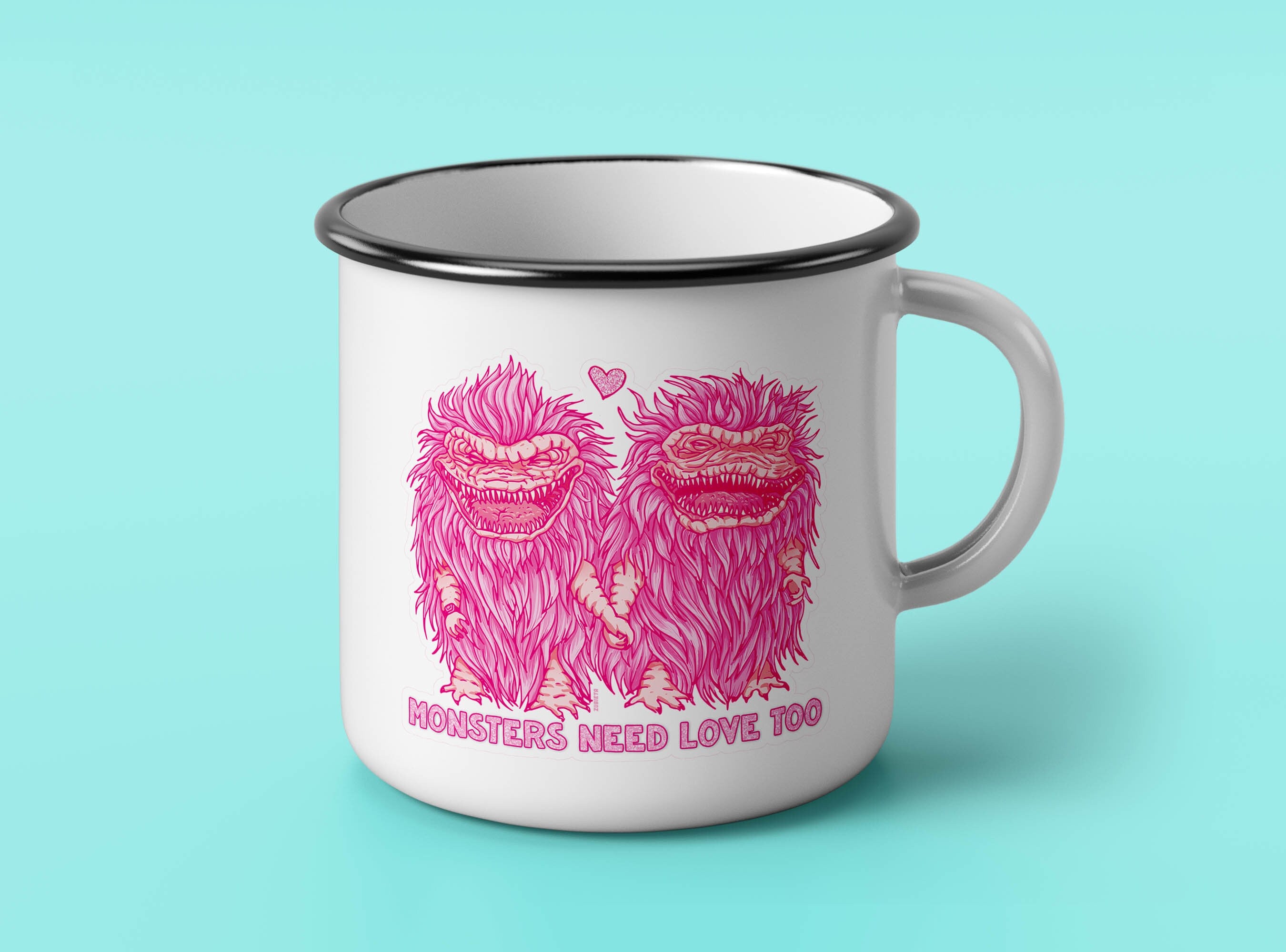 Enamel mug featuring 'Monsters Need Love Too' design inspired by The Critters, made of stainless steel, 10oz capacity.