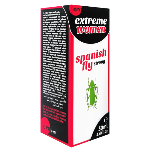 ero by HOT Spanish Fly Strong Extreme Woman 30ml bottle with a sleek design, showcasing its vibrant label and dropper cap.