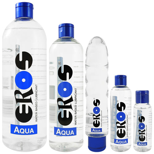 EROS Aqua Water-Based Bottle, a medical lubricant for dry and sensitive skin, featuring a sleek design and clear liquid.