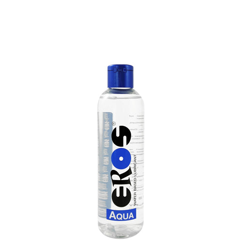 EROS Aqua Water-Based Bottle, a medical lubricant for dry and sensitive skin, featuring a sleek design and clear liquid.