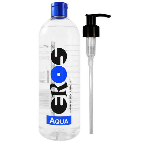 EROS Aqua Water-Based Bottle, a medical lubricant for dry and sensitive skin, featuring a sleek design and clear liquid.