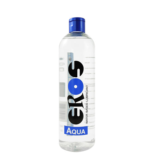 EROS Aqua Water-Based Bottle, a medical lubricant for dry and sensitive skin, featuring a sleek design and clear liquid.