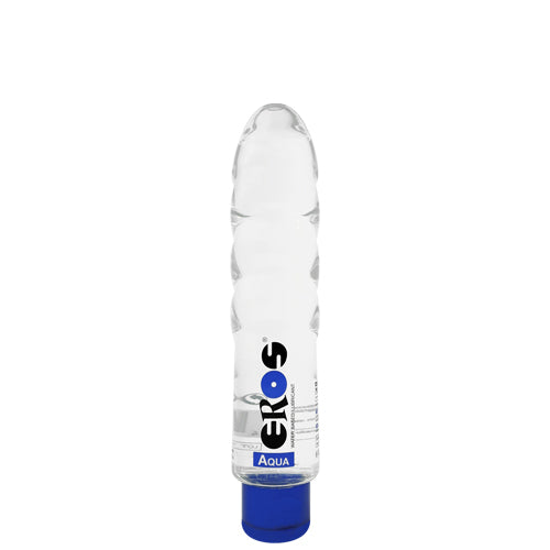 EROS Aqua Water-Based Bottle, a medical lubricant for dry and sensitive skin, featuring a sleek design and clear liquid.