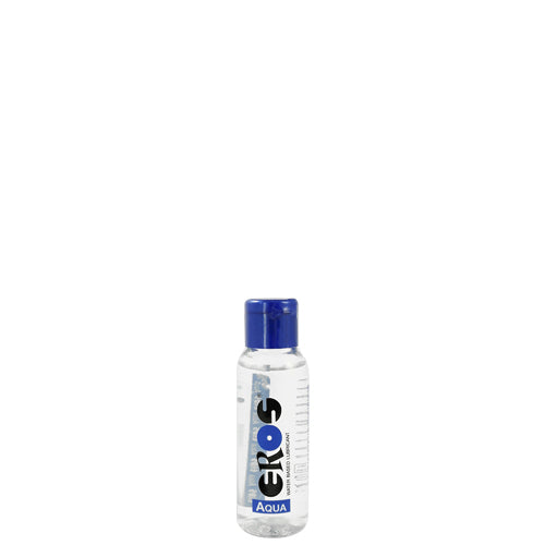 EROS Aqua Water-Based Bottle, a medical lubricant for dry and sensitive skin, featuring a sleek design and clear liquid.