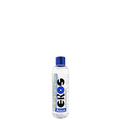 EROS Aqua Water-Based Bottle, a medical lubricant for dry and sensitive skin, featuring a sleek design and clear liquid.