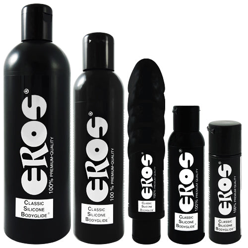 Bottle of EROS Classic Silicone Bodyglide lubricant with a sleek design, showcasing its premium quality and silicone-based formula.