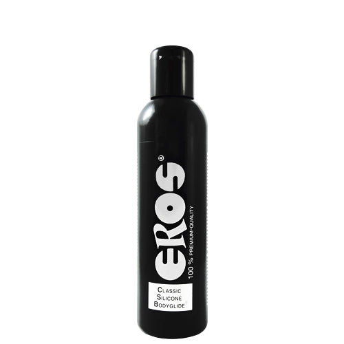 Bottle of EROS Classic Silicone Bodyglide lubricant with a sleek design, showcasing its premium quality and silicone-based formula.