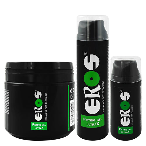 EROS Fisting Gel UltraX in a sleek bottle, showcasing its silicone and water blend formula for enhanced lubrication.