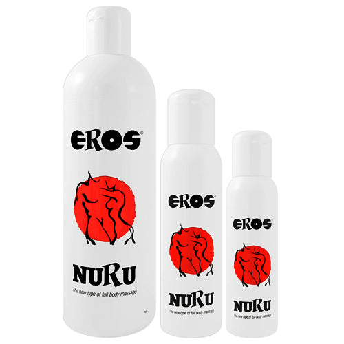 EROS Nuru Massage Gel bottle with a sleek design, showcasing its water-based formula and hydrating properties.