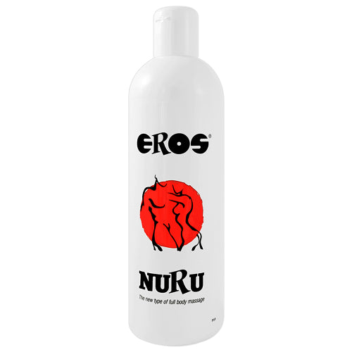 EROS Nuru Massage Gel bottle with a sleek design, showcasing its water-based formula and hydrating properties.