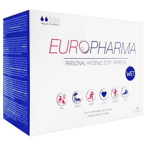 Europharma Tampons WET Box 6 featuring stringless design and soft PU foam material, ideal for active women.