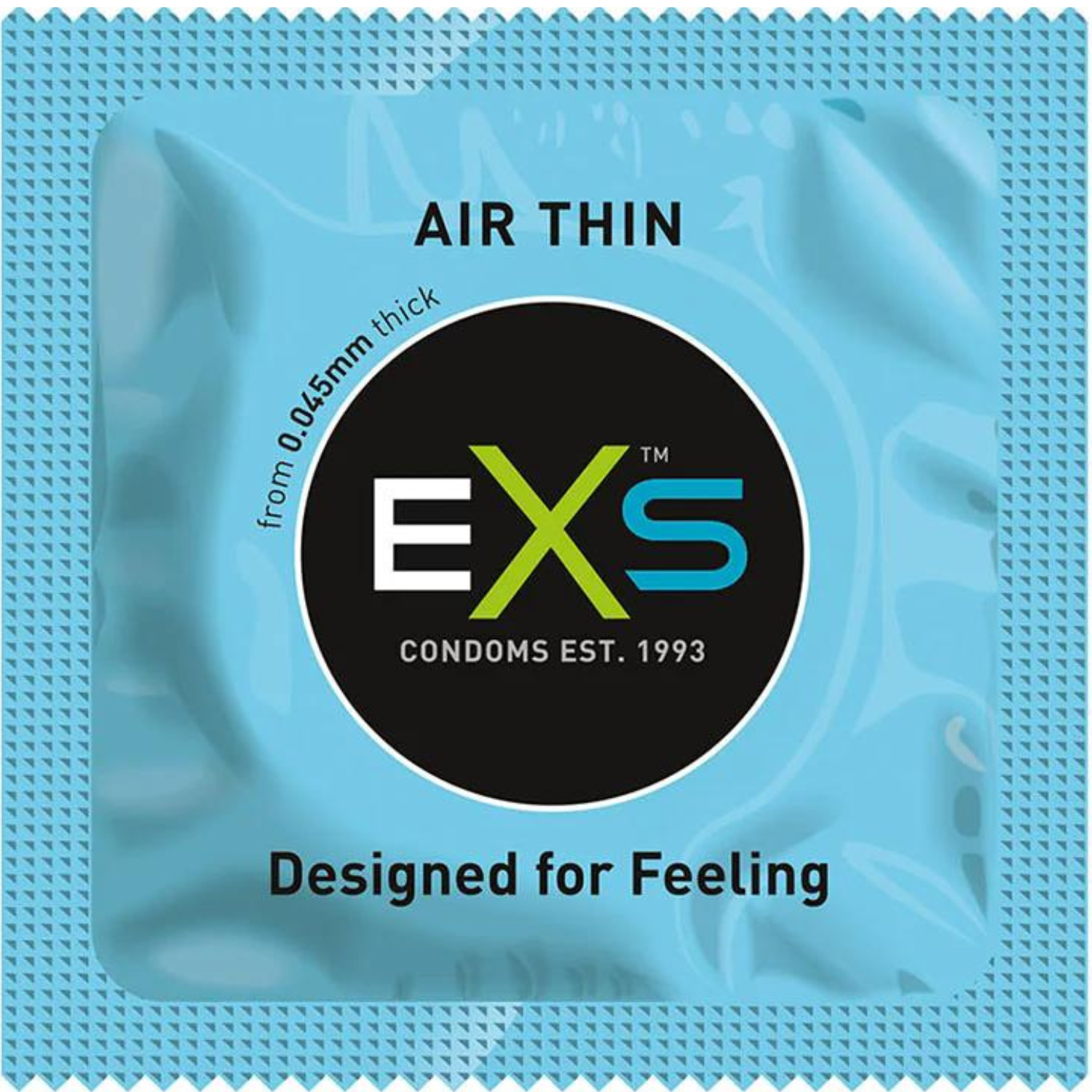 EXS Air Thin condom package featuring transparent, ultra-thin latex design for maximum sensitivity and comfort.