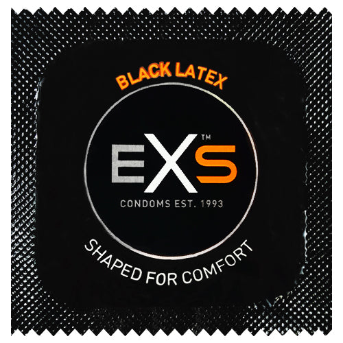 EXS Black Latex condoms in a sleek black packaging, showcasing their flared shape and smooth texture.