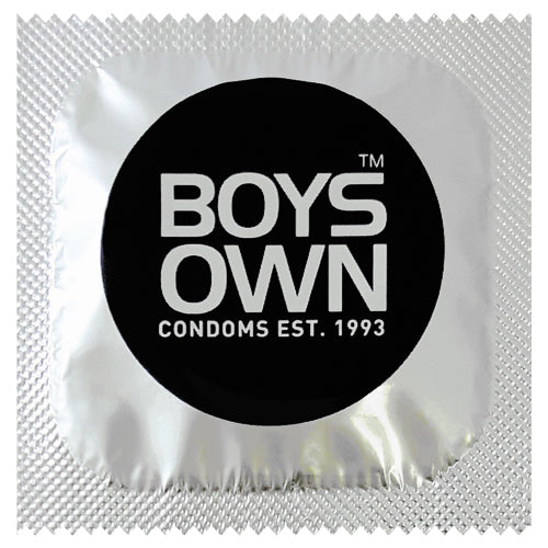 EXS Boys Own condoms in packaging, showcasing their transparent, flared design and branding for gay men.