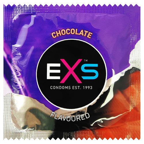 EXS Chocolate flavored condoms in a sleek packaging, showcasing their brown color and unique design.