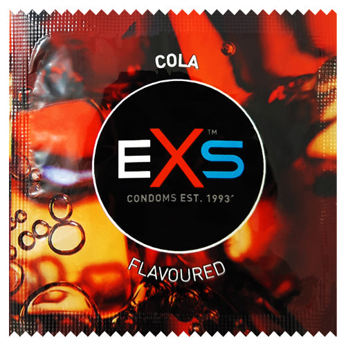 EXS Cola condoms in black color with cola flavor, featuring a flared tip for comfort.