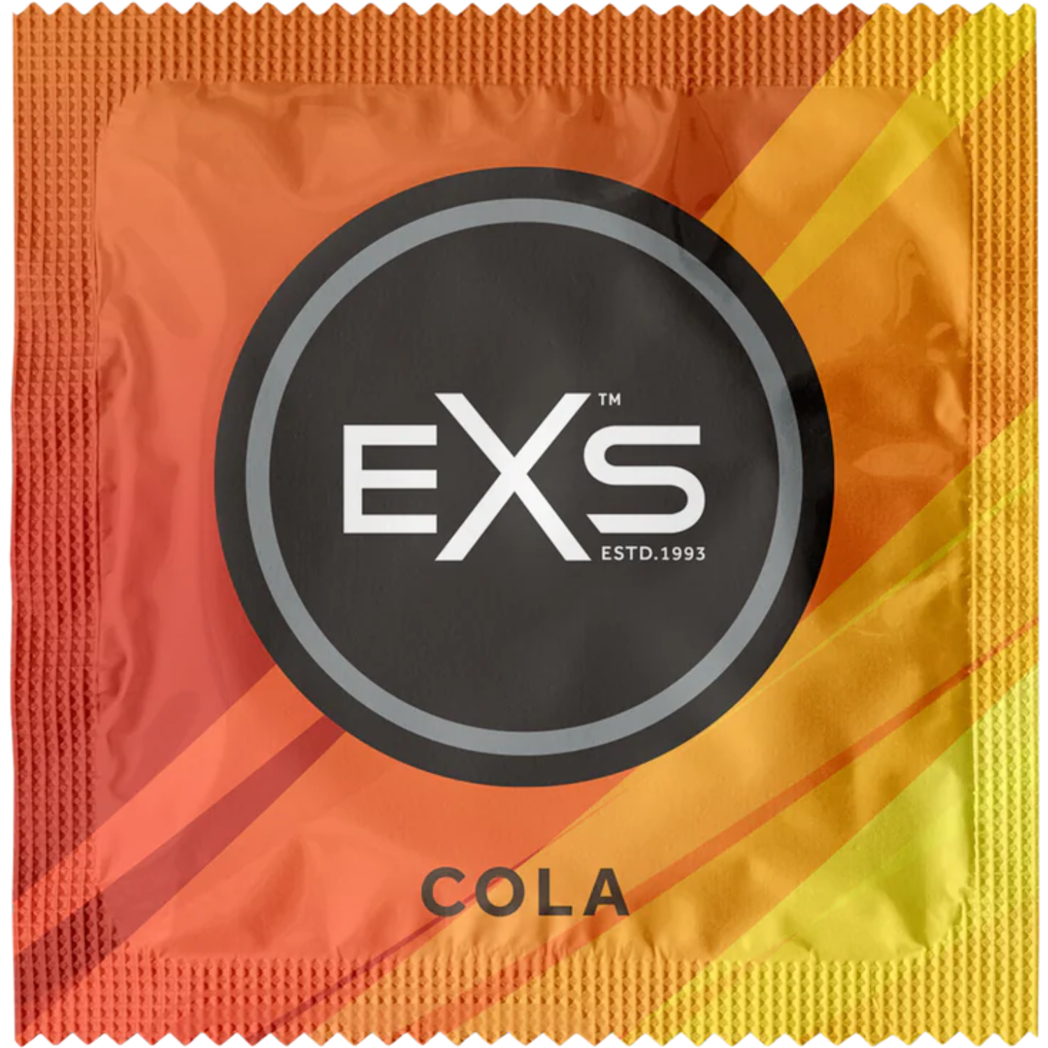 EXS Cola condoms in black color with cola flavor, featuring a flared tip for comfort.