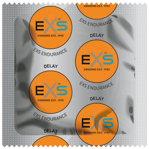 EXS Delay Endurance condom package featuring transparent natural rubber latex condoms with delay gel for enhanced performance.