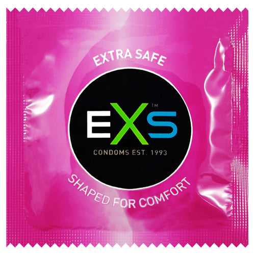 EXS Extra Safe condoms in packaging, showcasing their transparent natural rubber latex design and ribbed texture.