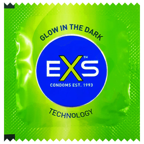 EXS Glow condoms in packaging, featuring glow in the dark design and natural rubber latex material.