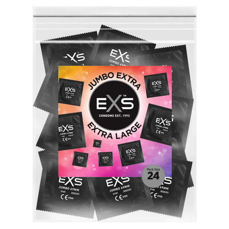 EXS Jumbo 69mm condoms pack of 24, featuring soft latex material and designed for larger sizes, ensuring comfort and pleasure.