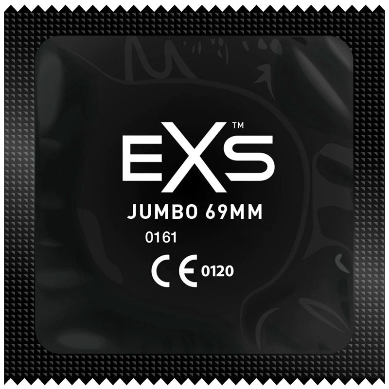 EXS Jumbo 69mm condoms pack of 24, featuring soft latex material and designed for larger sizes, ensuring comfort and pleasure.